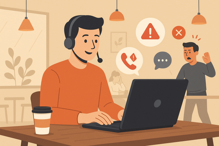 Illustration of friendly customer support agent in a coffee shop interior setting, with a determined mood.