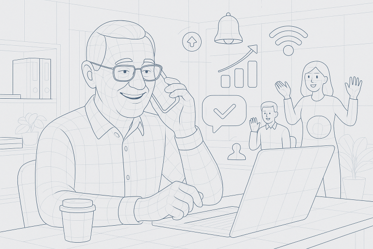 Illustration of happy senior using cell phone in a tech-enabled workspace setting, with a focused mood.