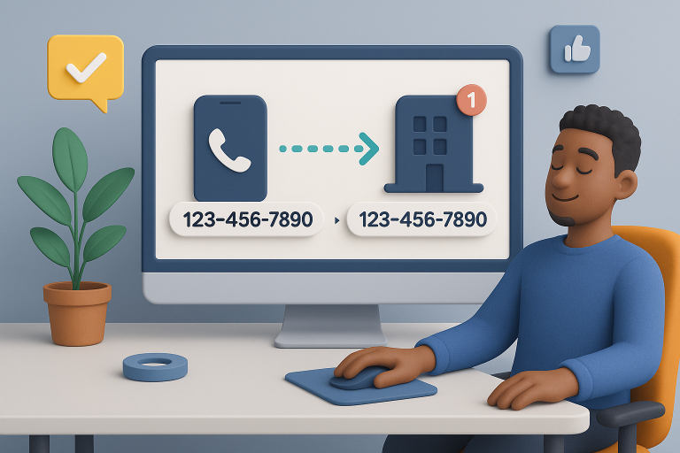 Illustration of infographic showing phone number transfer in a tech-enabled workspace setting, with a relaxed mood.