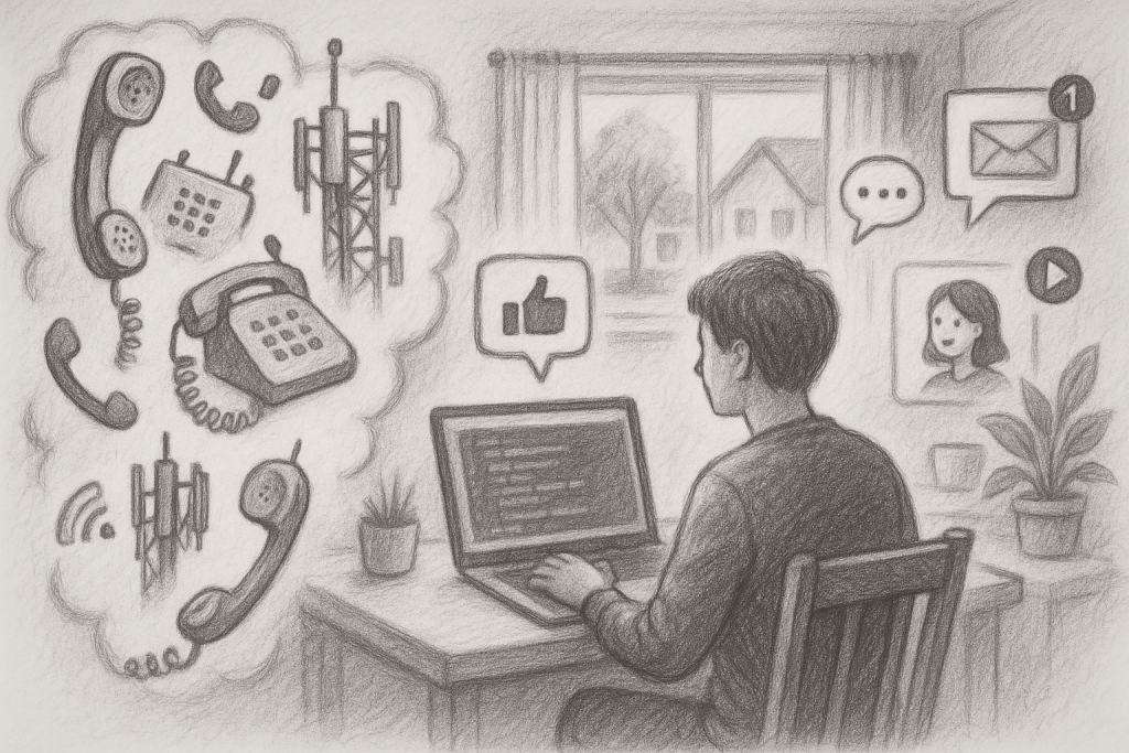 Illustration of clusters of telecom icons in a suburban home setting, with a creative mood.