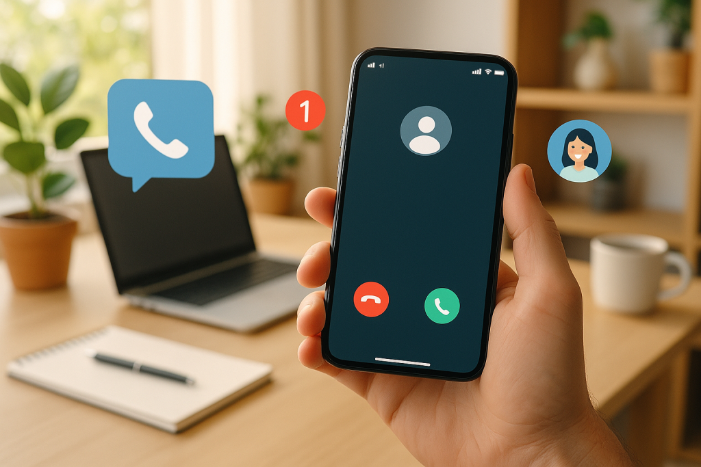 Illustration of smartphone with call screen open in a sunlit home office setting, with a creative mood.