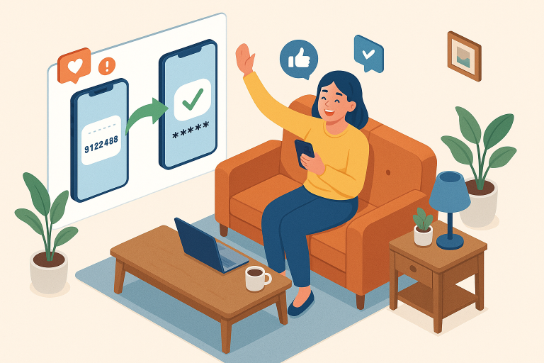 Illustration of infographic showing phone number transfer in a cozy living room setting, with a happy mood.