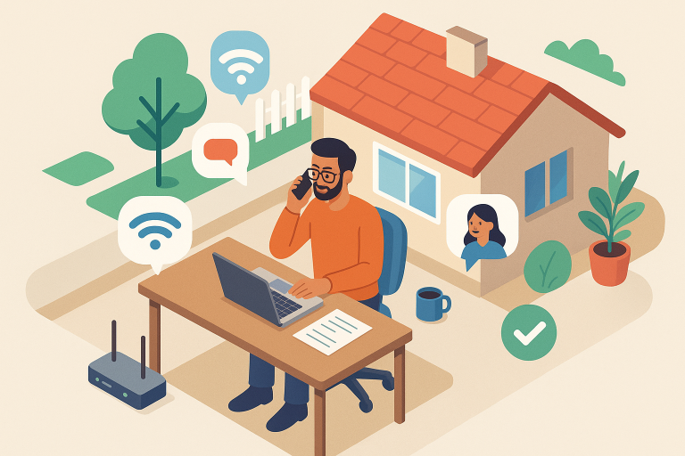 Illustration of small business owner answering call in a suburban home setting, with a focused mood.