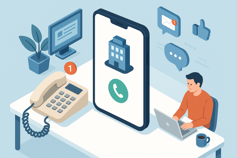 Illustration of mobile displaying call from business number in a tech-enabled workspace setting, with a focused mood.