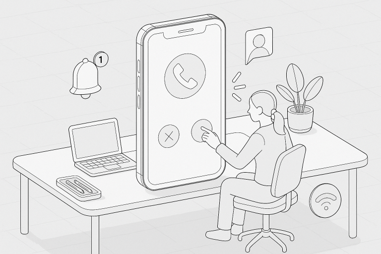 Illustration of smartphone with call screen open in a minimalist desk scene setting, with a focused mood.