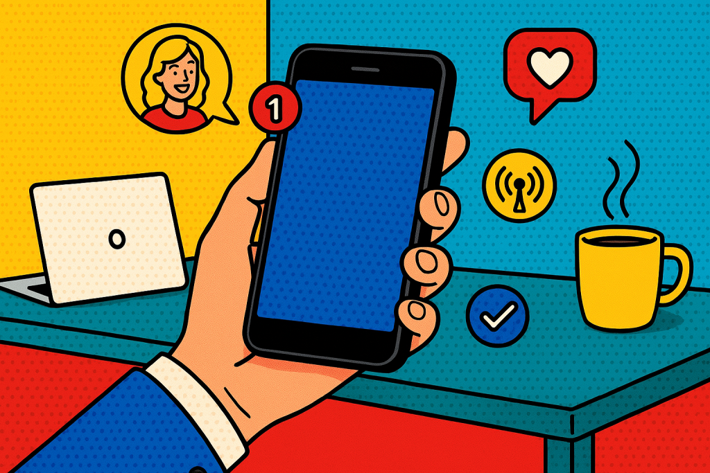 Illustration of hand holding mobile phone in a minimalist desk scene setting, with a inspired mood.