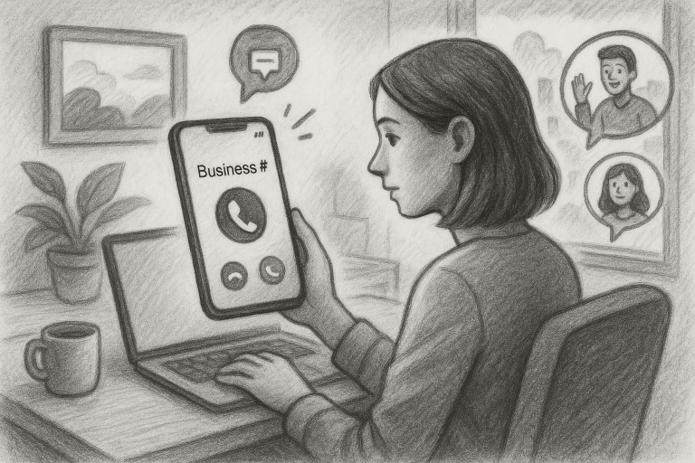 Illustration of mobile displaying call from business number in a home office setup setting, with a focused mood.
