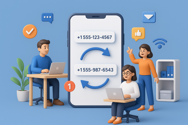 Illustration of infographic showing phone number transfer in a tech-enabled workspace setting, with a inspired mood.