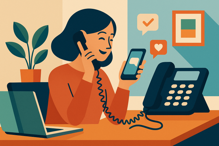 Illustration of landline phone next to smartphone in a home office setup setting, with a relaxed mood.