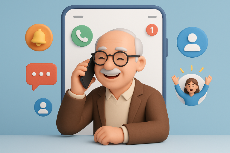 Illustration of happy senior using cell phone in a simple mobile interface setting, with a creative mood.