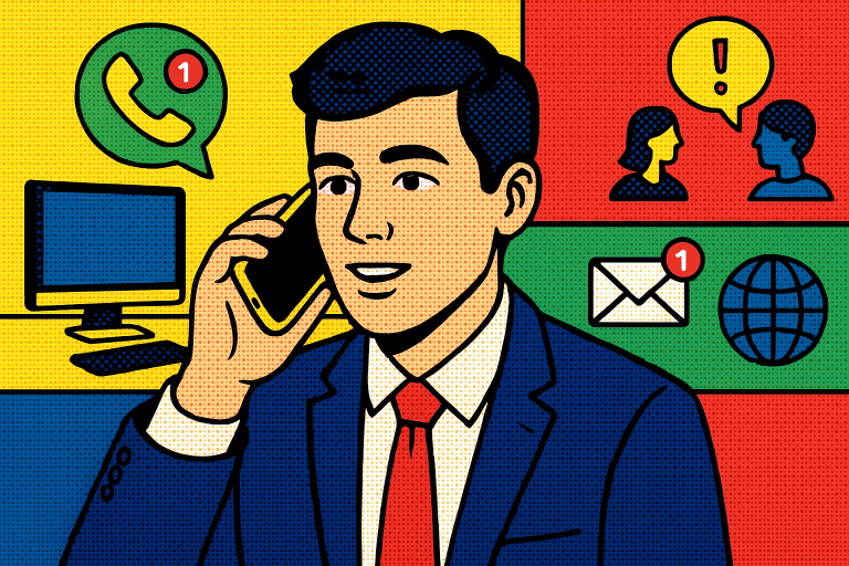 Illustration of person receiving a call on mobile in a tech-enabled workspace setting, with a creative mood.