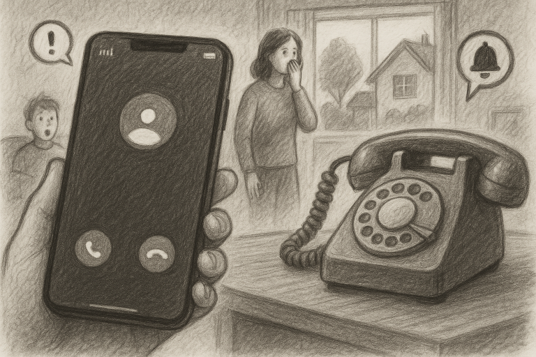 Illustration of smartphone with call screen open in a suburban home setting, with a focused mood.