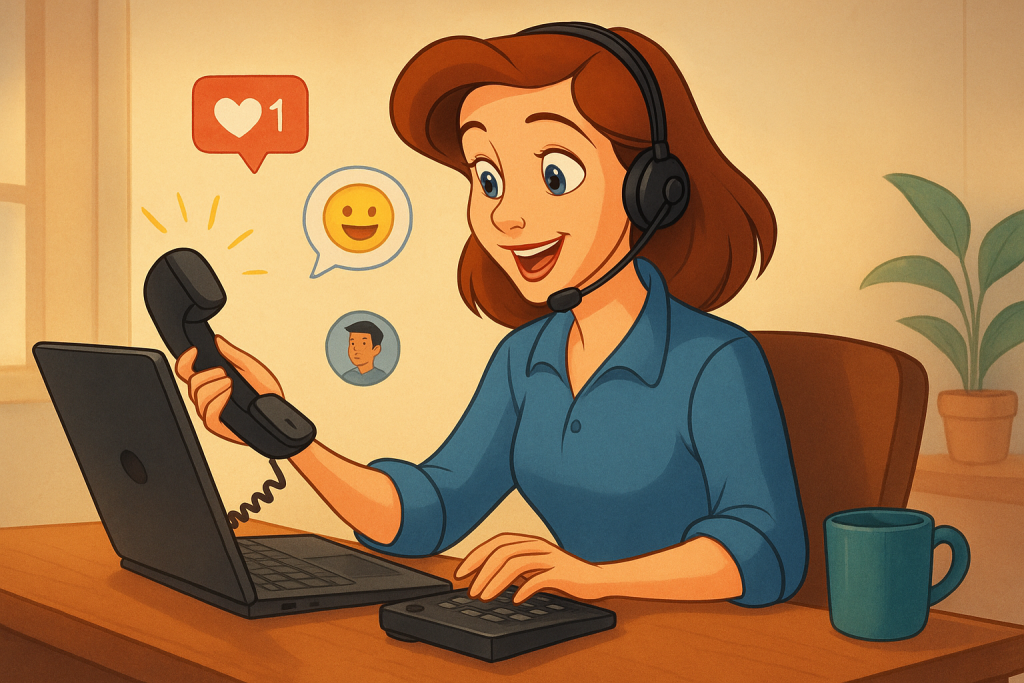 Illustration of friendly customer support agent in a minimalist desk scene setting, with a inspired mood.