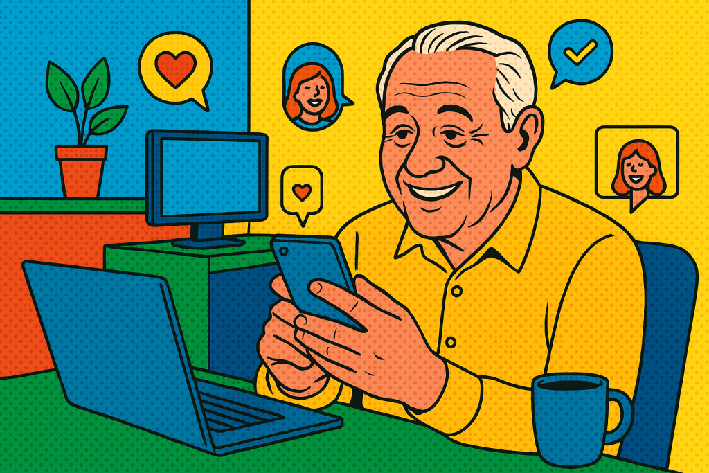 Illustration of happy senior using cell phone in a home office setup setting, with a happy mood.