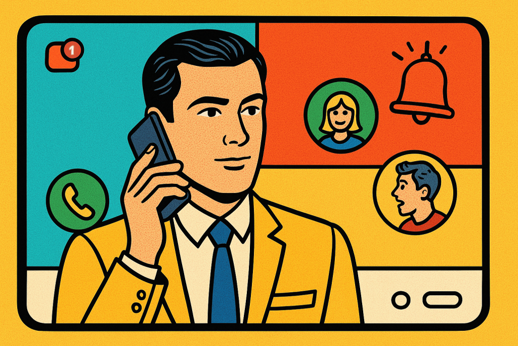 Illustration of small business owner answering call in a simple mobile interface setting, with a focused mood.