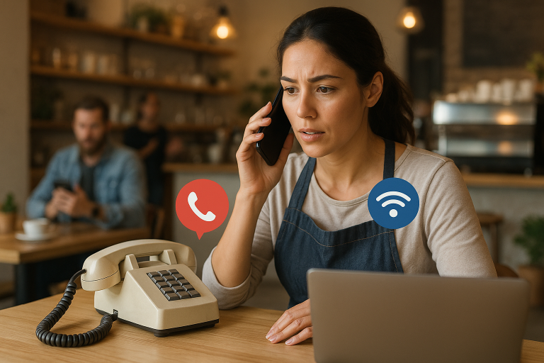 Illustration of small business owner answering call in a coffee shop interior setting, with a determined mood.