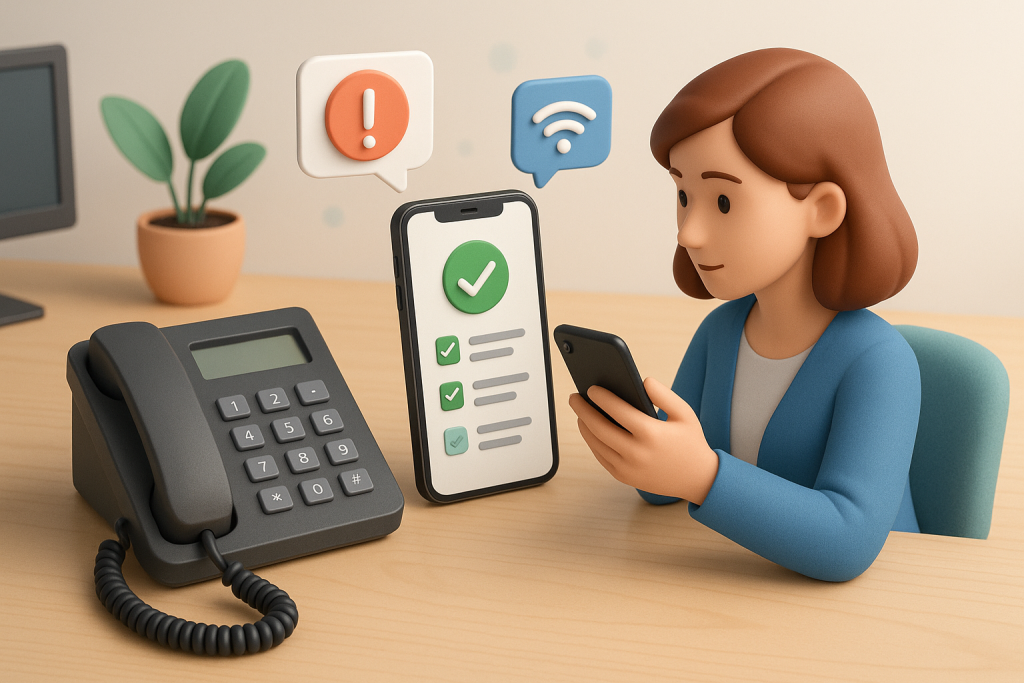 Illustration of landline phone next to smartphone in a tech-enabled workspace setting, with a focused mood.