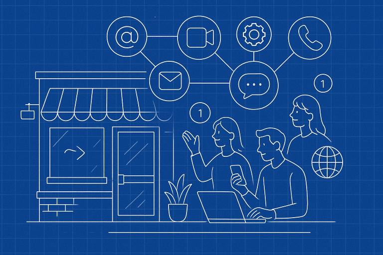 Illustration of clusters of telecom icons in a urban small business storefront setting, with a creative mood.