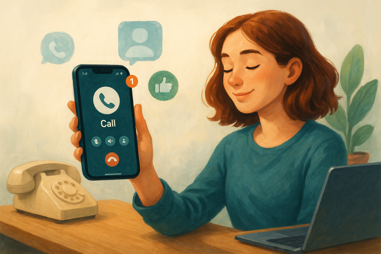Illustration of smartphone with call screen open in a minimalist desk scene setting, with a relaxed mood.