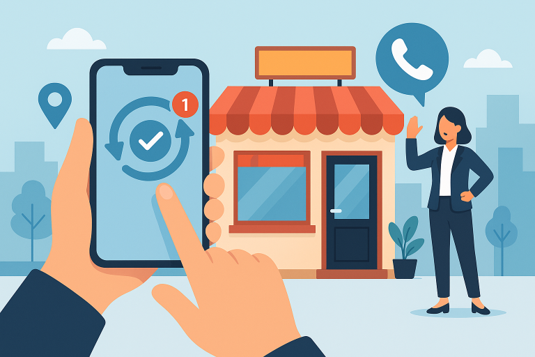 Illustration of hand holding mobile phone in a urban small business storefront setting, with a determined mood.