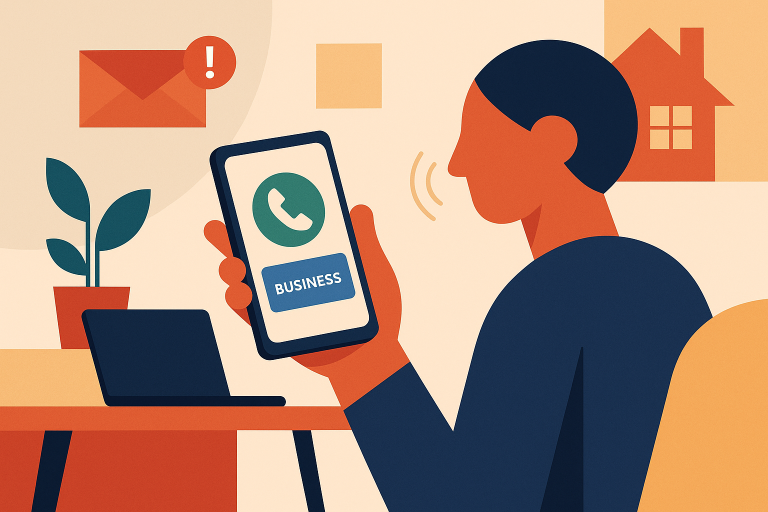 Illustration of mobile displaying call from business number in a home office setup setting, with a focused mood.