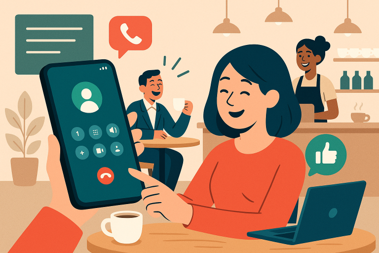 Illustration of smartphone with call screen open in a coffee shop interior setting, with a happy mood.