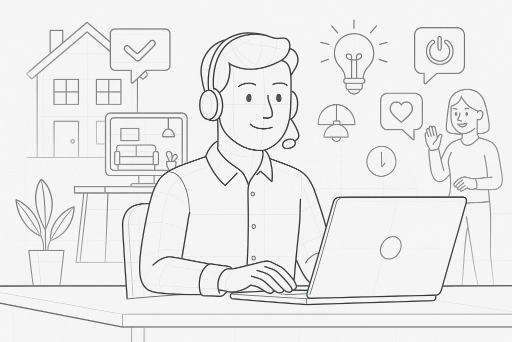 Illustration of friendly customer support agent in a tech-enabled workspace setting, with a creative mood.