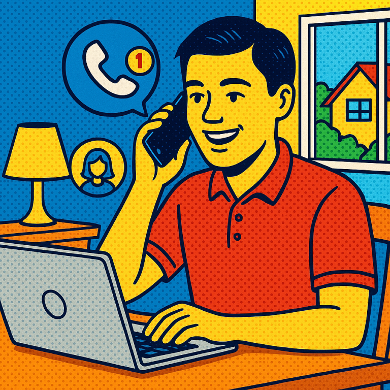 Illustration of small business owner answering call in a suburban home setting, with a creative mood.