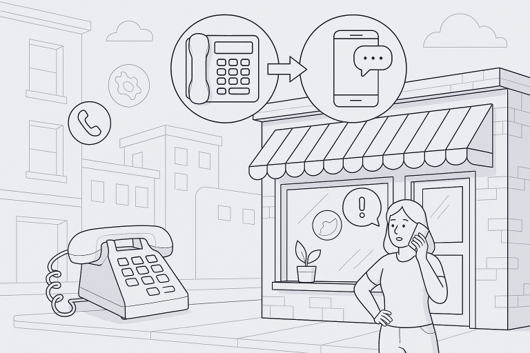 Illustration of clusters of telecom icons in a urban small business storefront setting, with a determined mood.